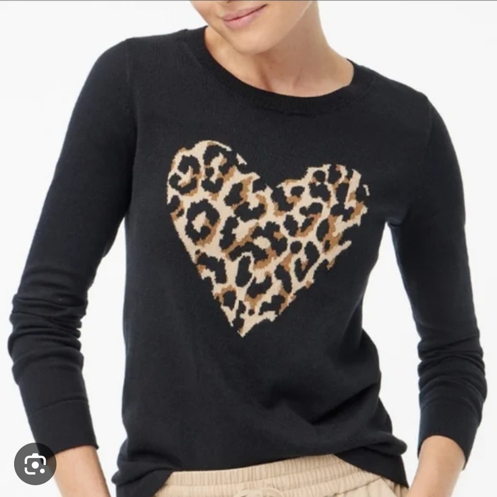 J.Crew Teddie Black Sweater with Leopard Heart XS/S